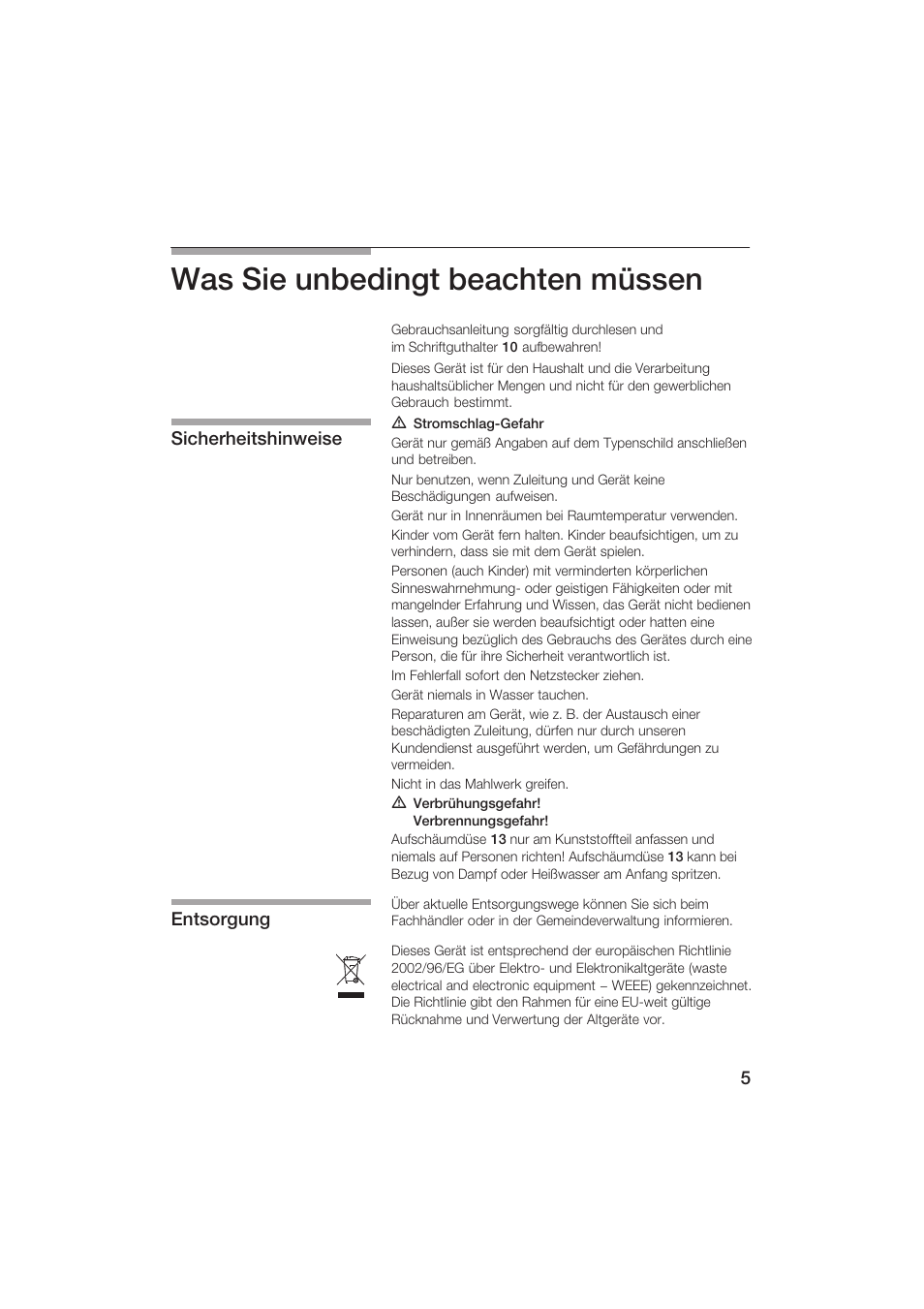 Was sie unbedingt beachten müssen, Sicherheitshinweise entsorgung | Siemens TK69001 User Manual | Page 5 / 155