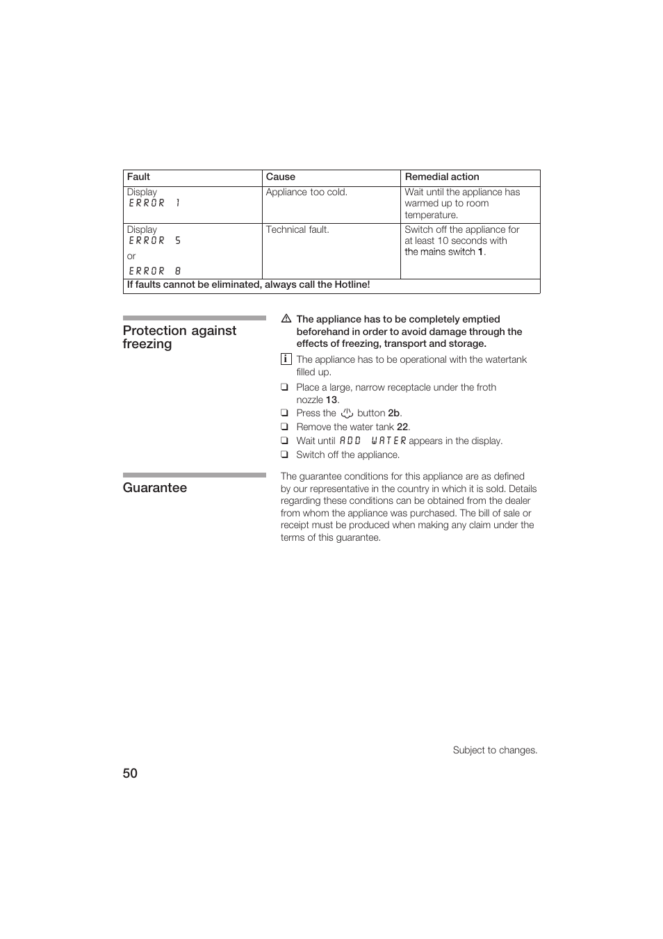 Protection against freezing guarantee | Siemens TK69001 User Manual | Page 50 / 155