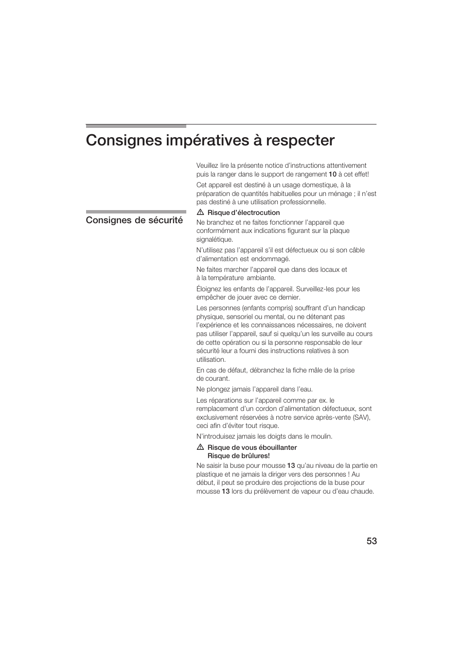 Consignes impératives à respecter, Consignes de sécurité | Siemens TK69001 User Manual | Page 53 / 155