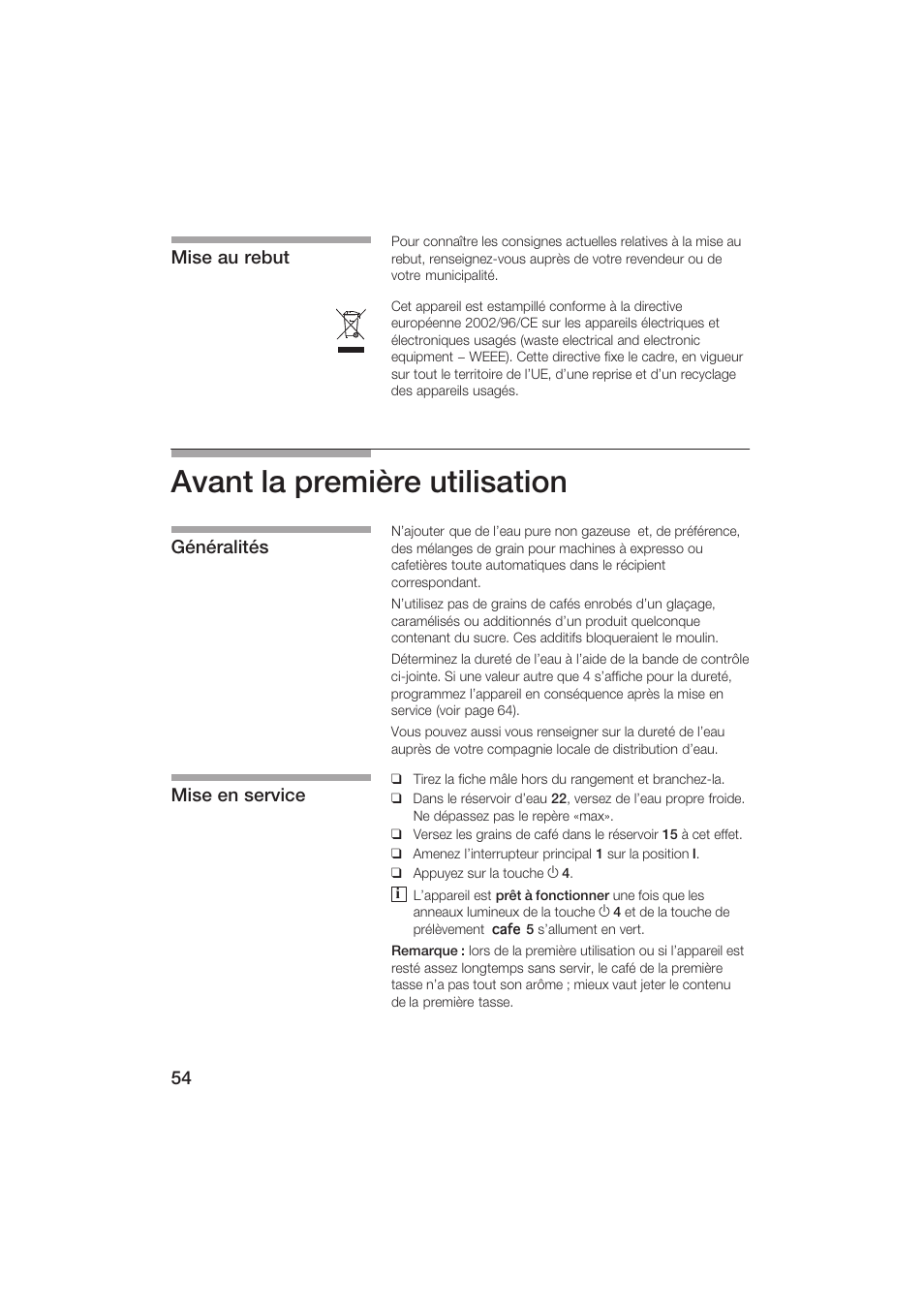 Avant la première utilisation, Mise au rebut généralités mise en service | Siemens TK69001 User Manual | Page 54 / 155