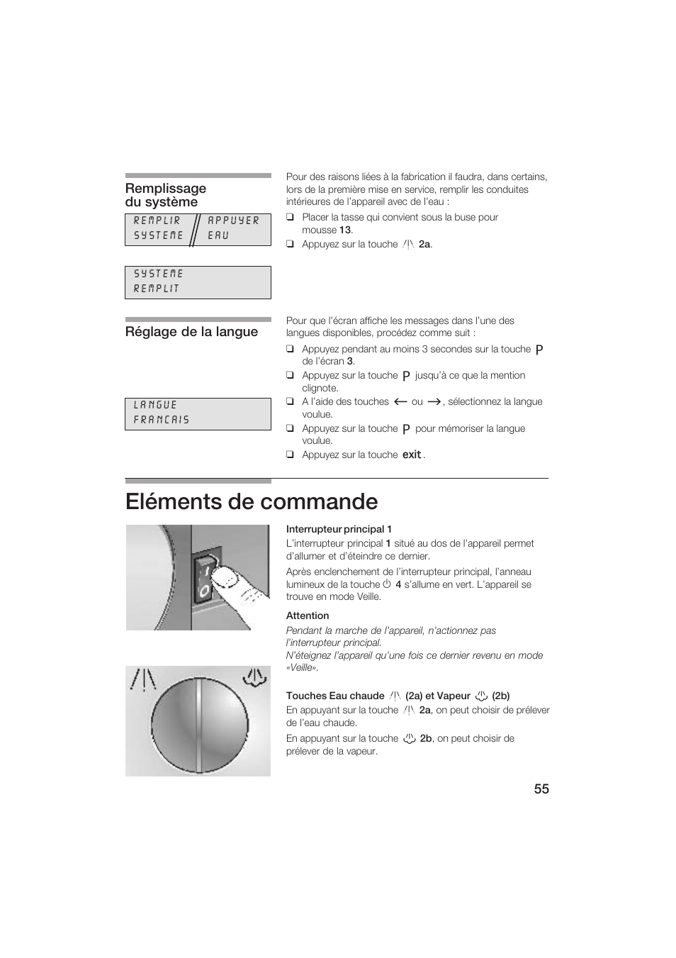 Eléments de commande, Remplissage du système, Réglage de la langue | Siemens TK69001 User Manual | Page 55 / 155