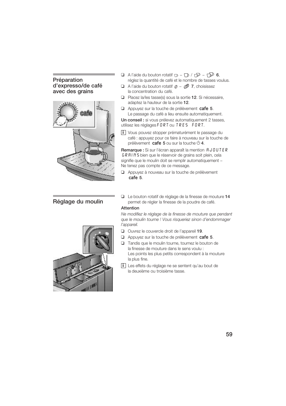 Réglage du moulin, Préparation d'expresso/de café avec des grains | Siemens TK69001 User Manual | Page 59 / 155