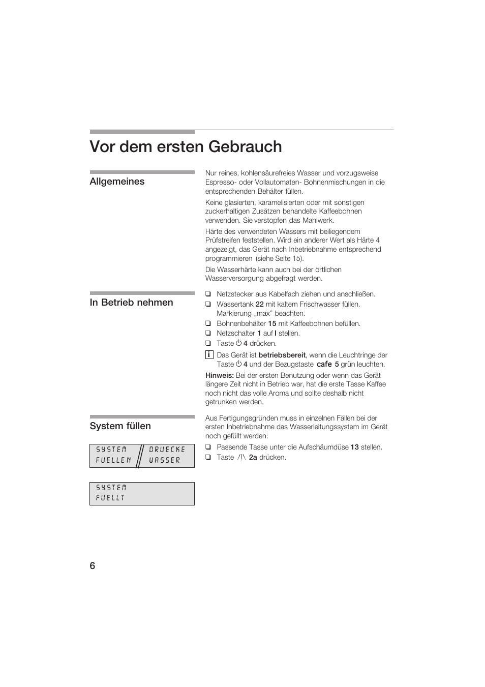 Vor dem ersten gebrauch, Allgemeines in betrieb nehmen system füllen | Siemens TK69001 User Manual | Page 6 / 155