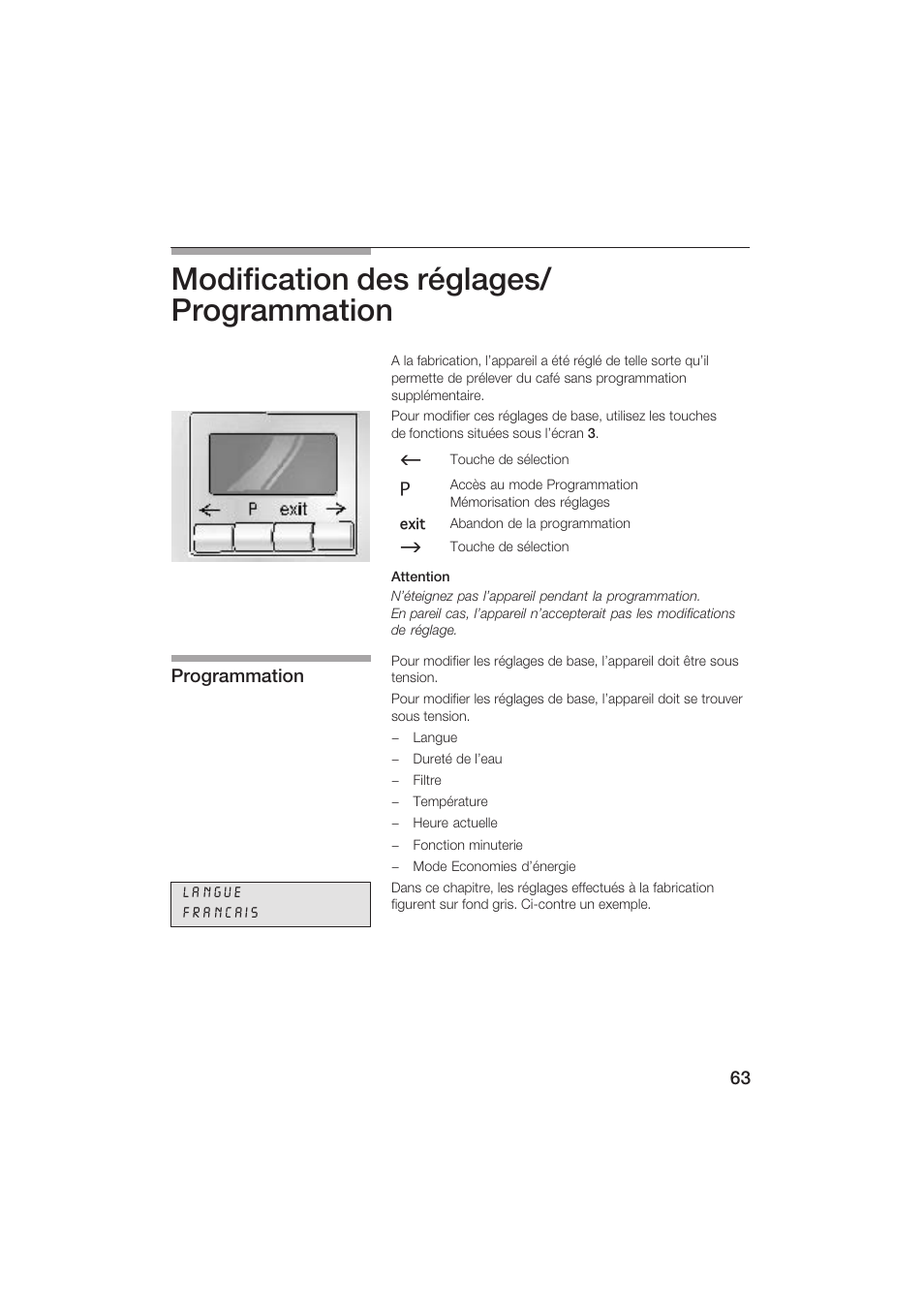 Modification des réglages/ programmation | Siemens TK69001 User Manual | Page 63 / 155