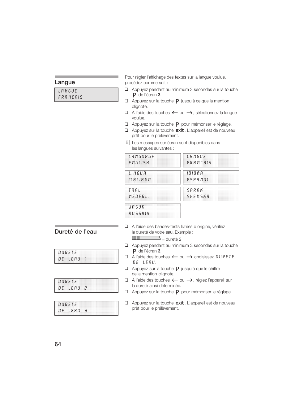 Langue, Dureté de l'eau | Siemens TK69001 User Manual | Page 64 / 155