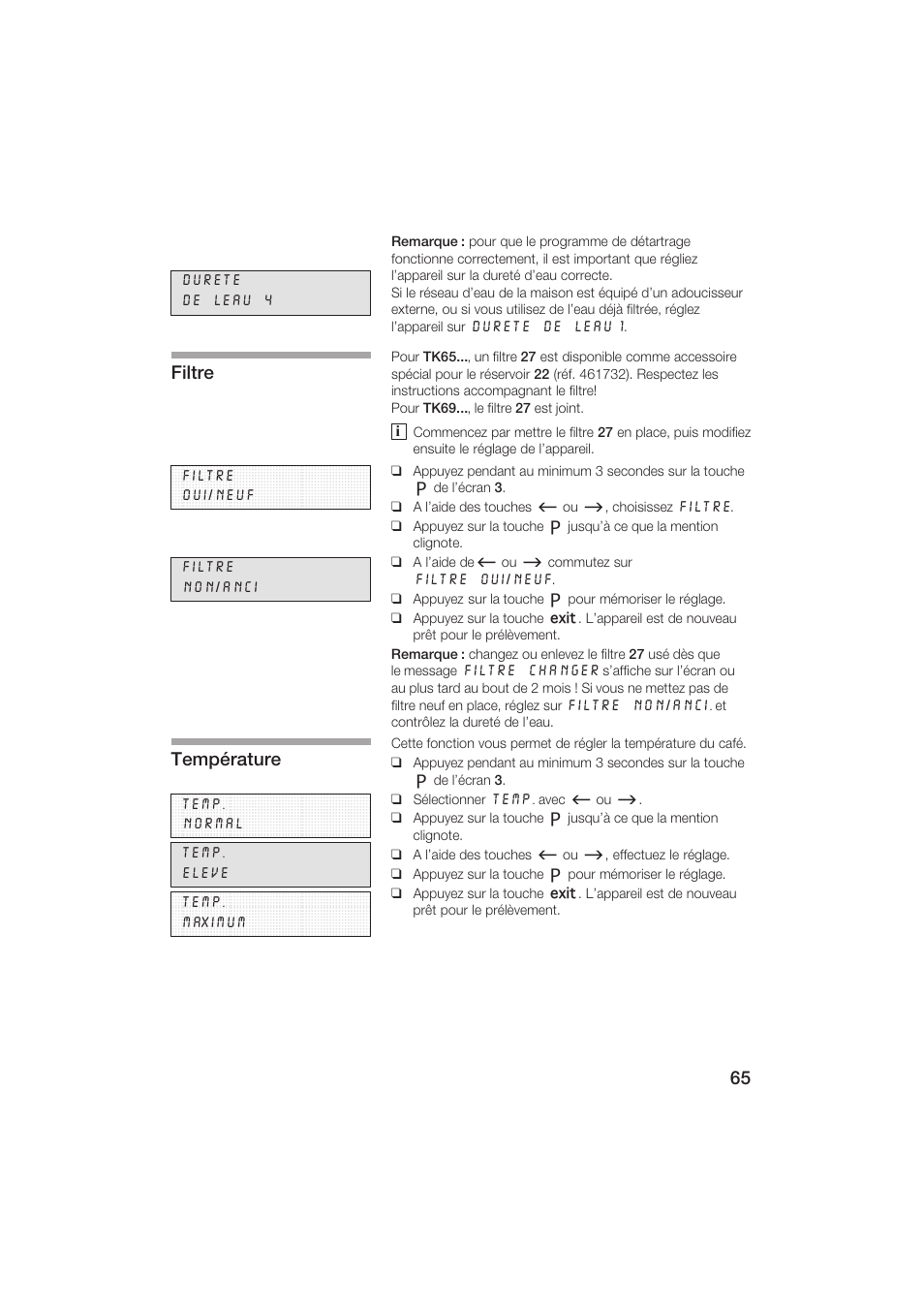 Filtre, Température | Siemens TK69001 User Manual | Page 65 / 155