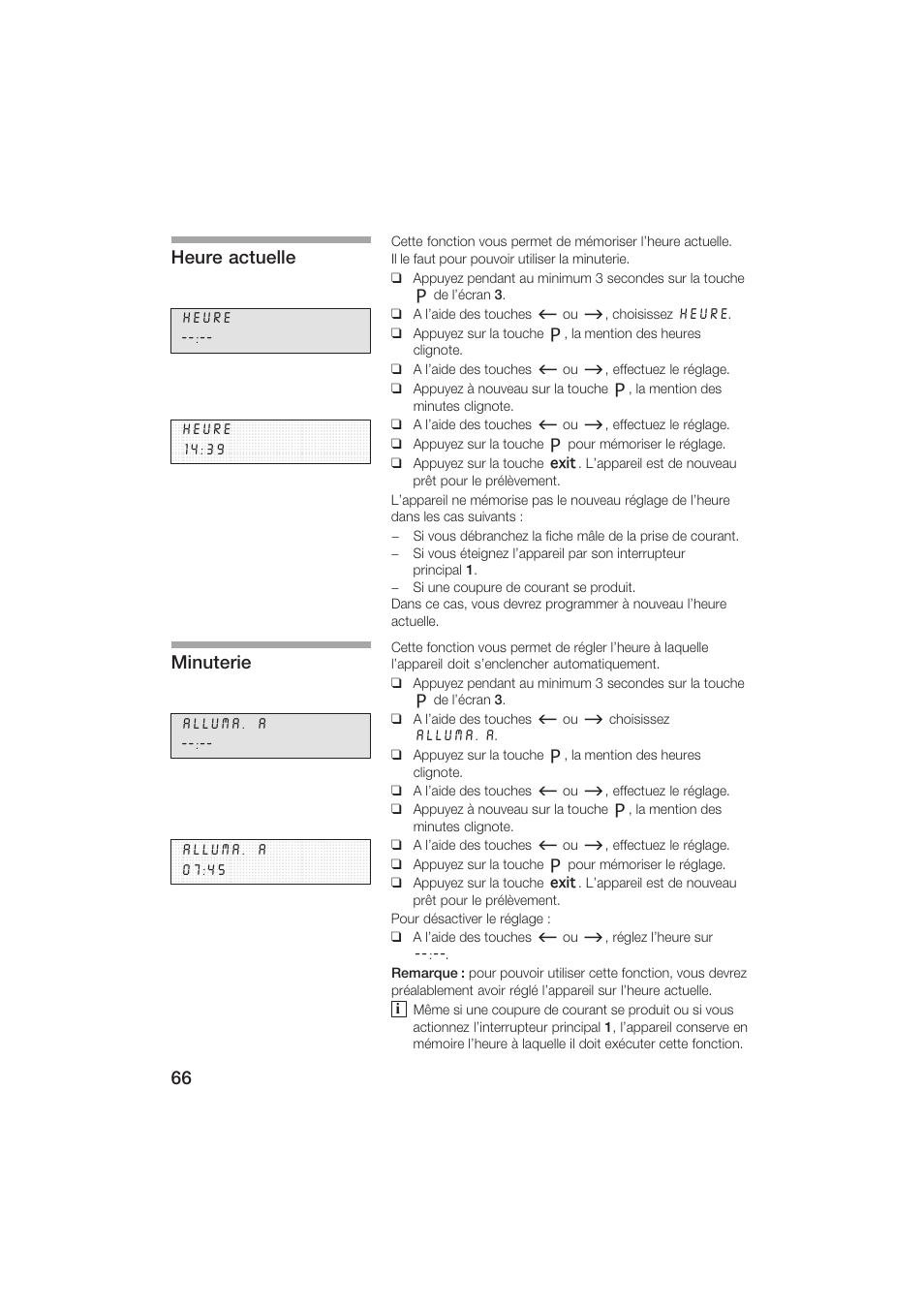 Heure actuelle, Minuterie | Siemens TK69001 User Manual | Page 66 / 155