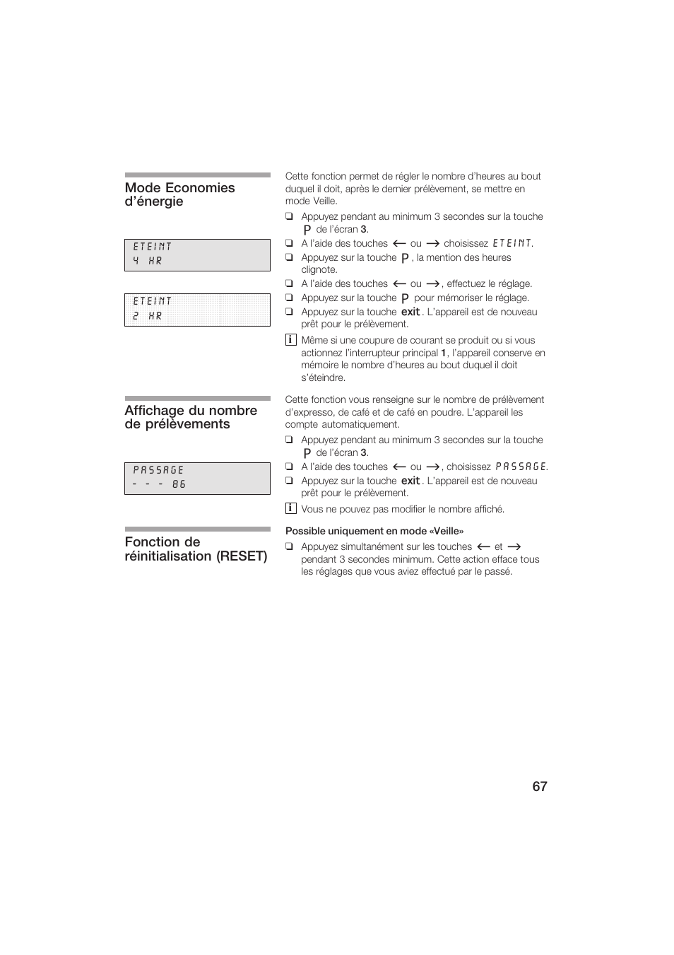 Mode economies d'énergie, Affichage du nombre de prélèvements, Fonction de réinitialisation (reset) | Siemens TK69001 User Manual | Page 67 / 155