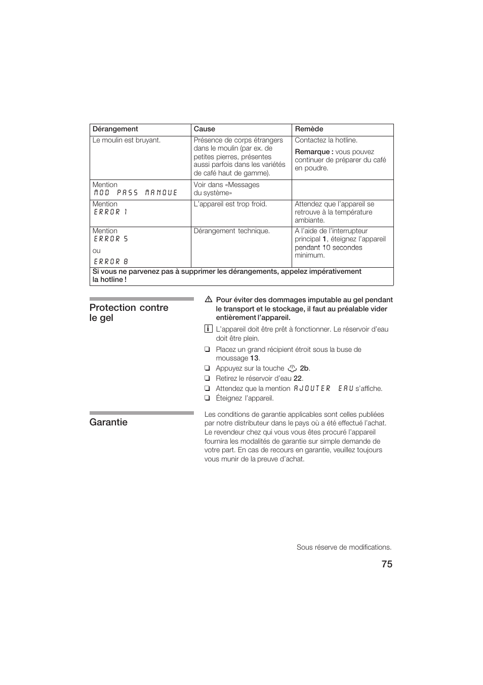 Protection contre le gel garantie | Siemens TK69001 User Manual | Page 75 / 155