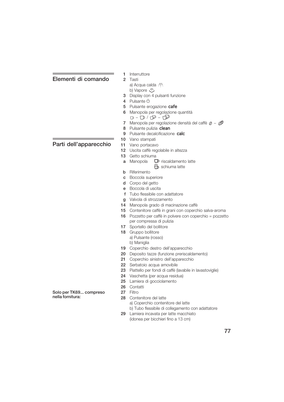 Elementi di comando parti dell'apparecchio | Siemens TK69001 User Manual | Page 77 / 155