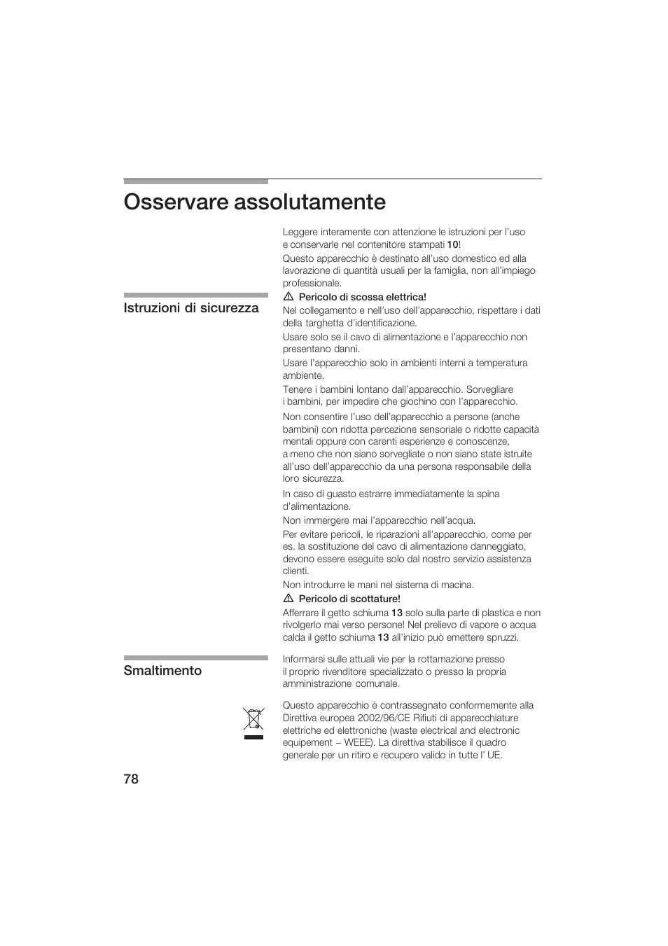 Osservare assolutamente, Istruzioni di sicurezza smaltimento | Siemens TK69001 User Manual | Page 78 / 155