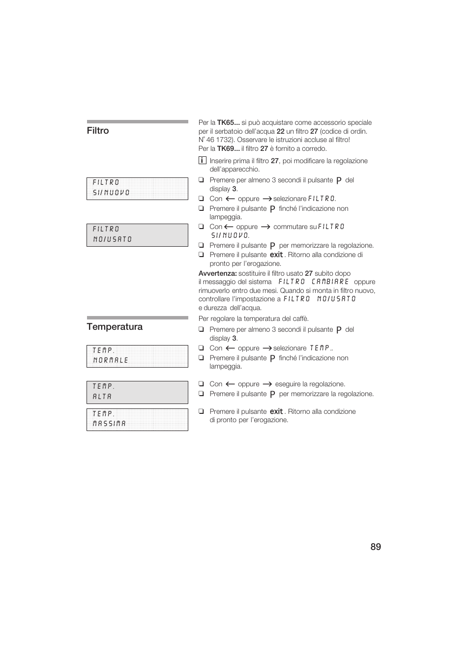 Filtro, Temperatura | Siemens TK69001 User Manual | Page 89 / 155