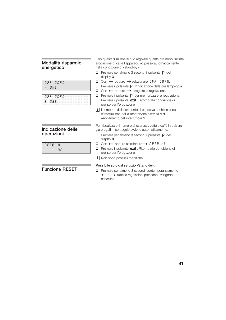 Modalità risparmio energetico, Indicazione delle operazioni, Funzione reset | Siemens TK69001 User Manual | Page 91 / 155