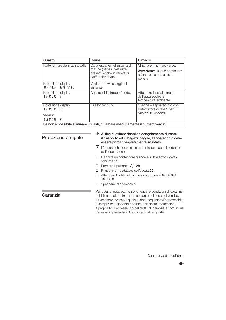 Protezione antigelo garanzia | Siemens TK69001 User Manual | Page 99 / 155