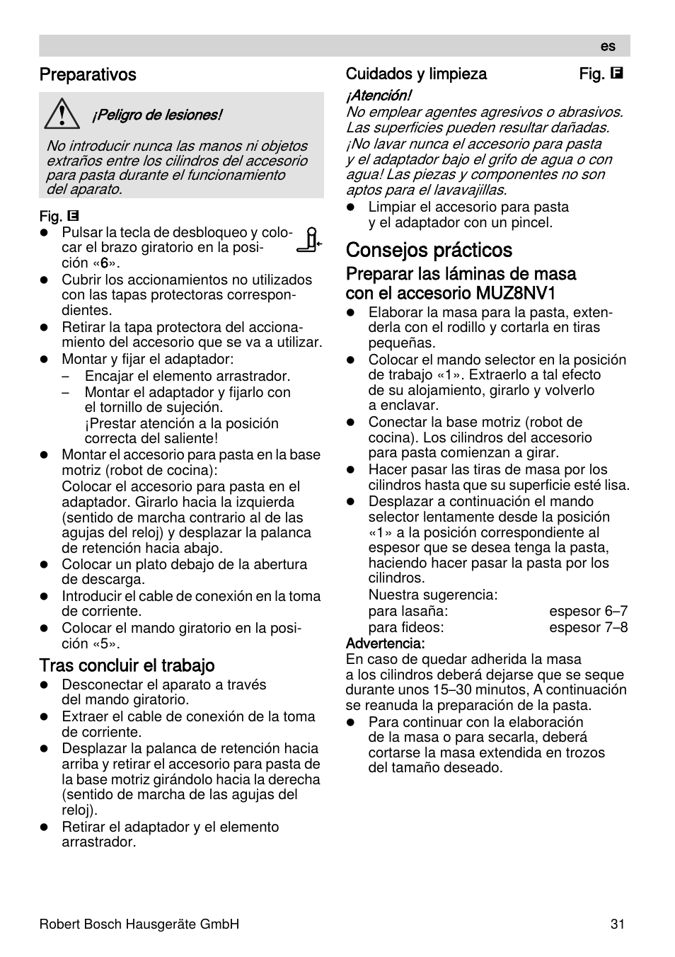 Consejos prácticos, Preparativos, Tras concluir el trabajo | Bosch MUZXLPP1 PastaPassion Pour les fans de pâtes le kit PastaPassion est composé dun accessoire à lasagnes dun accessoire à tagliatelles et dun adaptateur. User Manual | Page 31 / 59