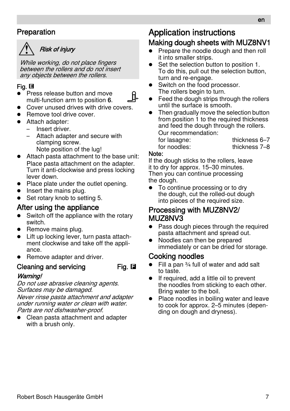Application instructions, Preparation, After using the appliance | Making dough sheets with muz8nv1, Processing with muz8nv2/ muz8nv3, Cooking noodles | Bosch MUZXLPP1 PastaPassion Pour les fans de pâtes le kit PastaPassion est composé dun accessoire à lasagnes dun accessoire à tagliatelles et dun adaptateur. User Manual | Page 7 / 59