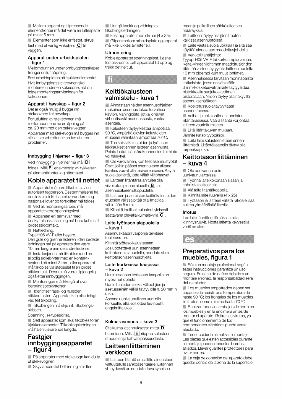 Apparat under arbeidsplaten - figur 1, Apparat i hoyskap - figur 2, Innbygging i hjorner - figur 3 | Utmontering, Laite tyôtason alapuolella, Kuva 1, Laite korkeassa kaapissa, Kuva 2, Kulma-asennus - kuva 3, Irrotus | Bosch HBN532E0 - inox Four intégrable User Manual | Page 9 / 24