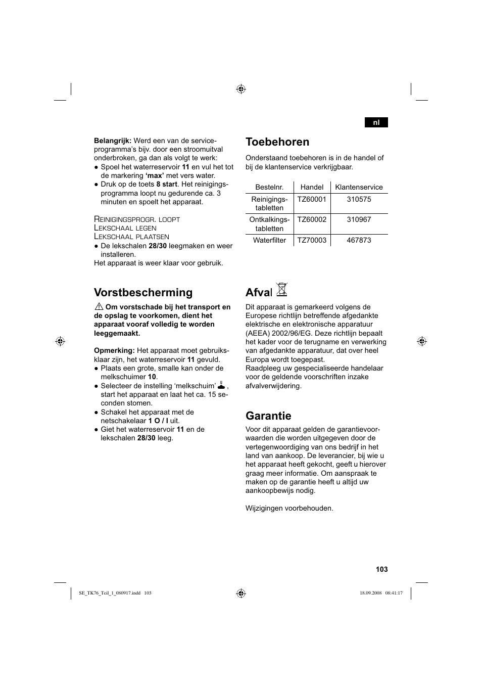 Vorstbescherming, Toebehoren, Afva l | Garantie | Siemens TK76009 User Manual | Page 107 / 136