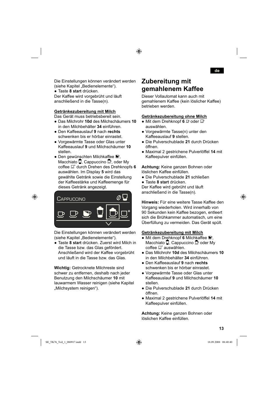 Zubereitung mit gemahlenem kaffee | Siemens TK76009 User Manual | Page 17 / 136