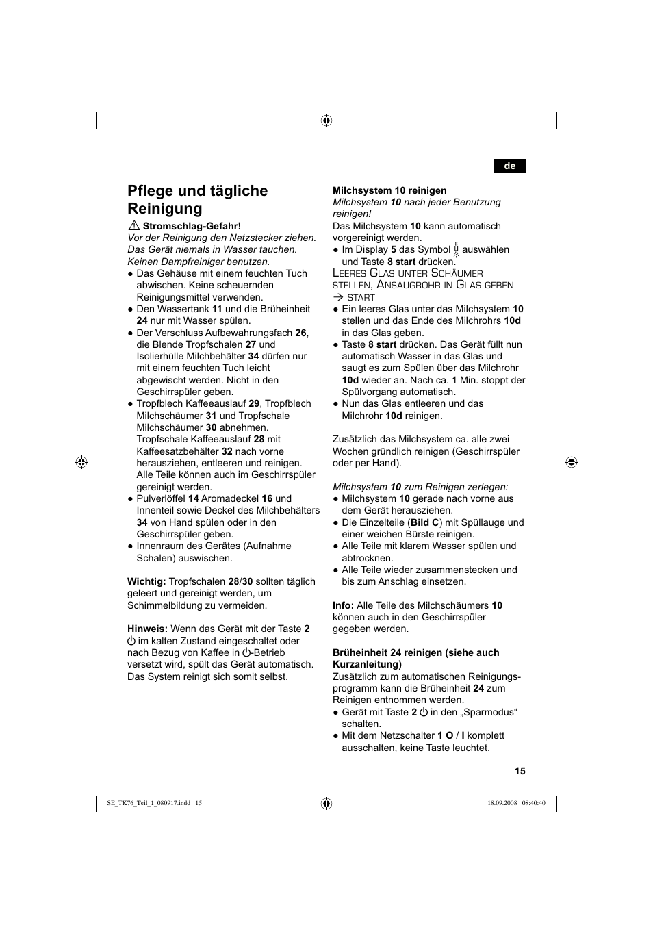 Pflege und tägliche reinigung | Siemens TK76009 User Manual | Page 19 / 136