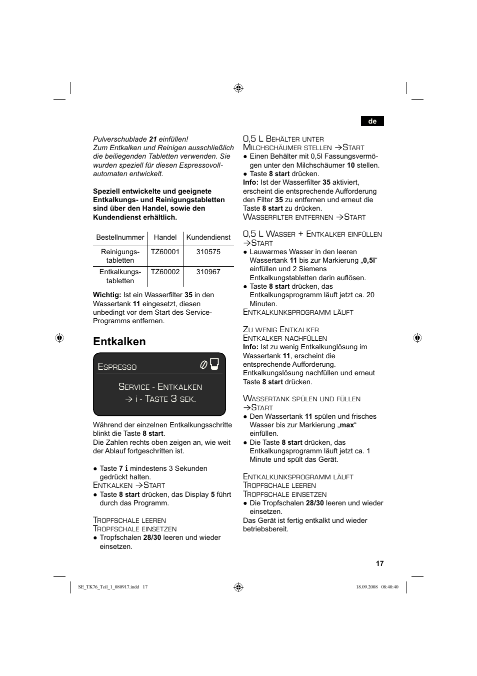 Entkalken | Siemens TK76009 User Manual | Page 21 / 136