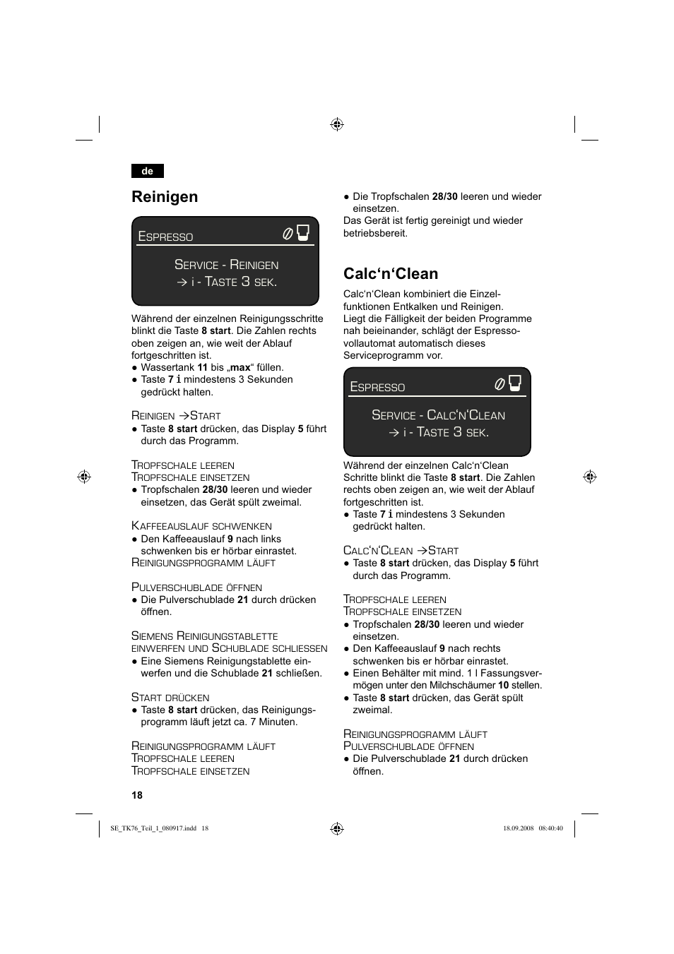 Reinigen, Calc‘n‘clean | Siemens TK76009 User Manual | Page 22 / 136