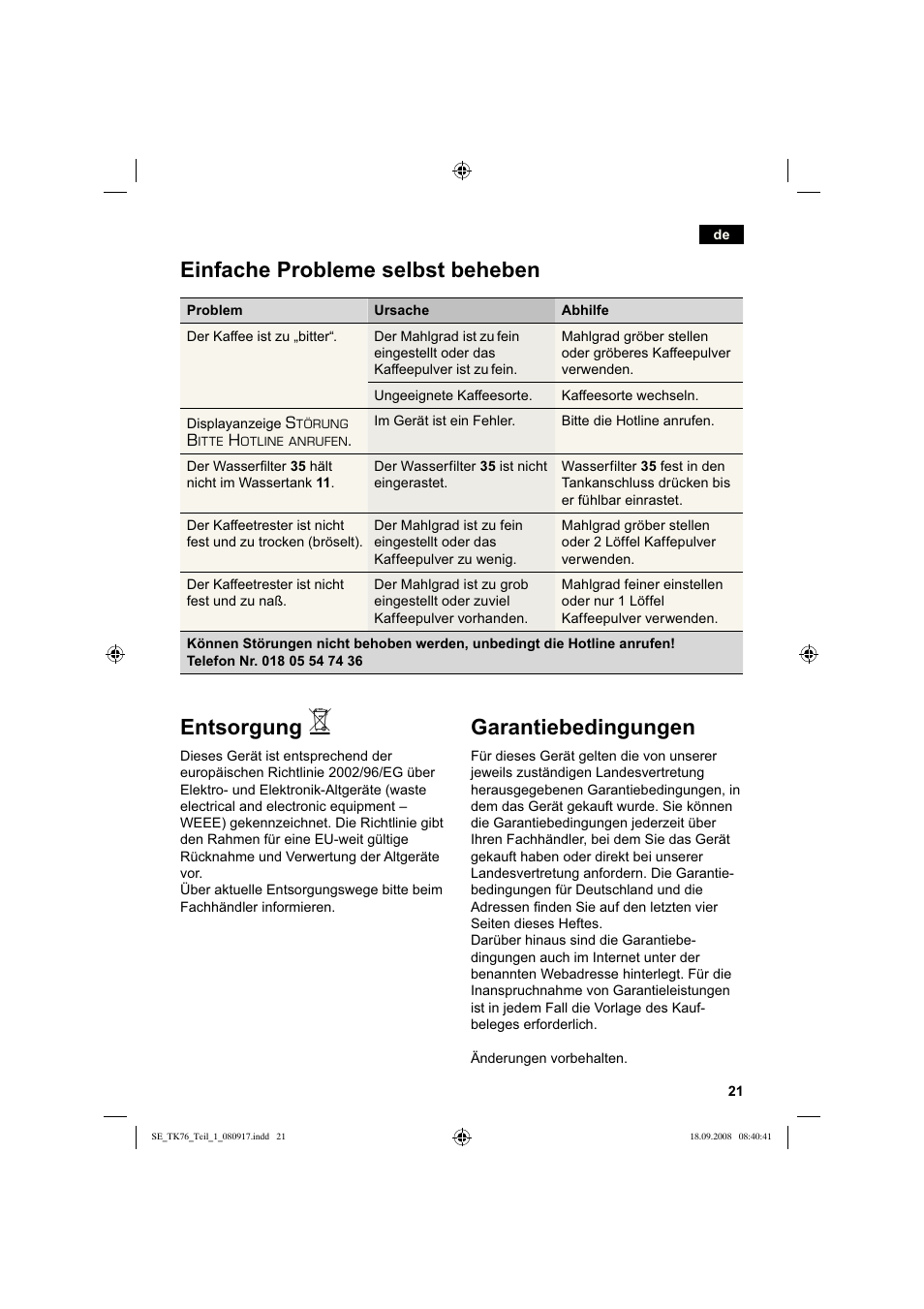 Entsorgung, Garantiebedingungen, Einfache probleme selbst beheben | Siemens TK76009 User Manual | Page 25 / 136