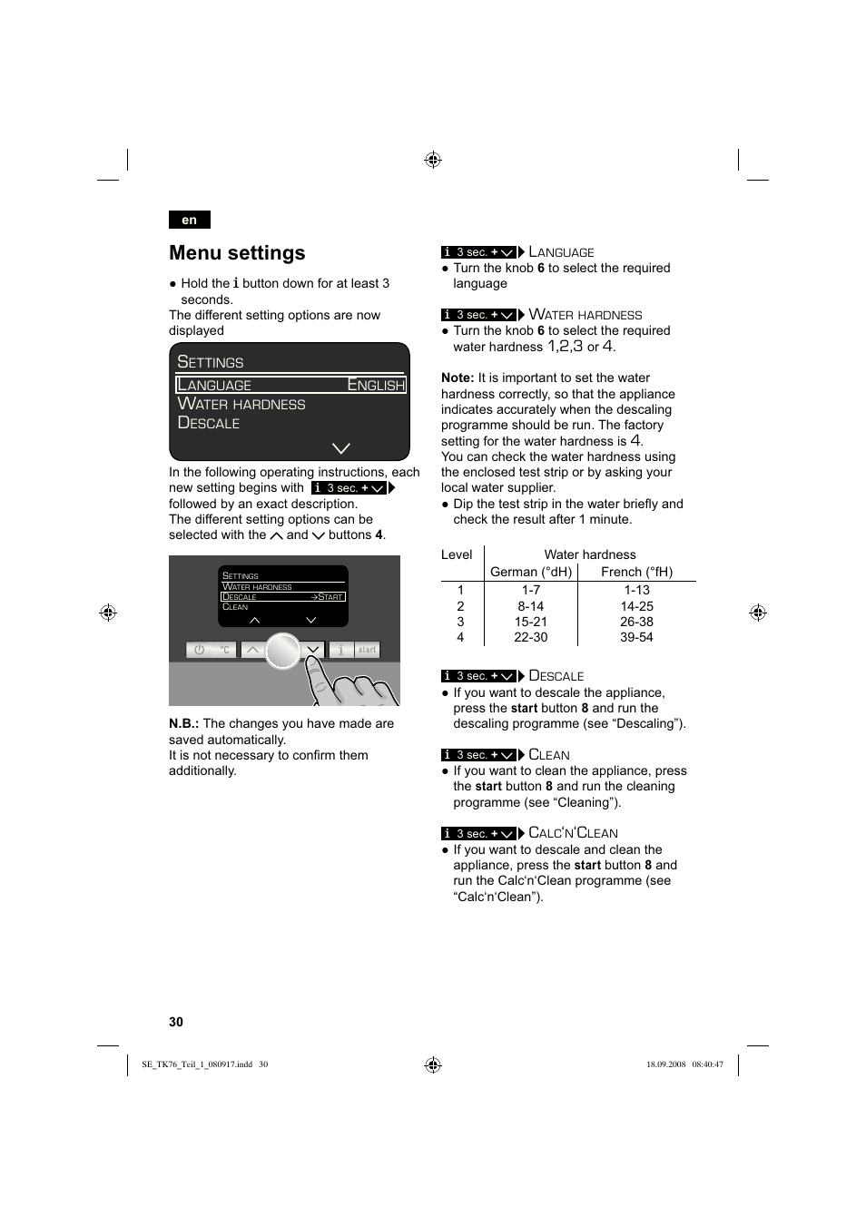 Menu settings | Siemens TK76009 User Manual | Page 34 / 136