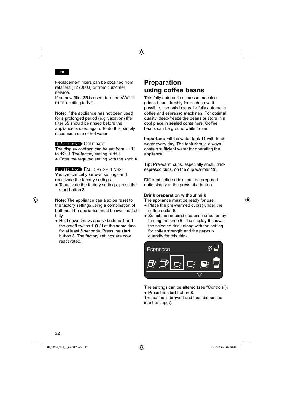 Preparation using coffee beans | Siemens TK76009 User Manual | Page 36 / 136