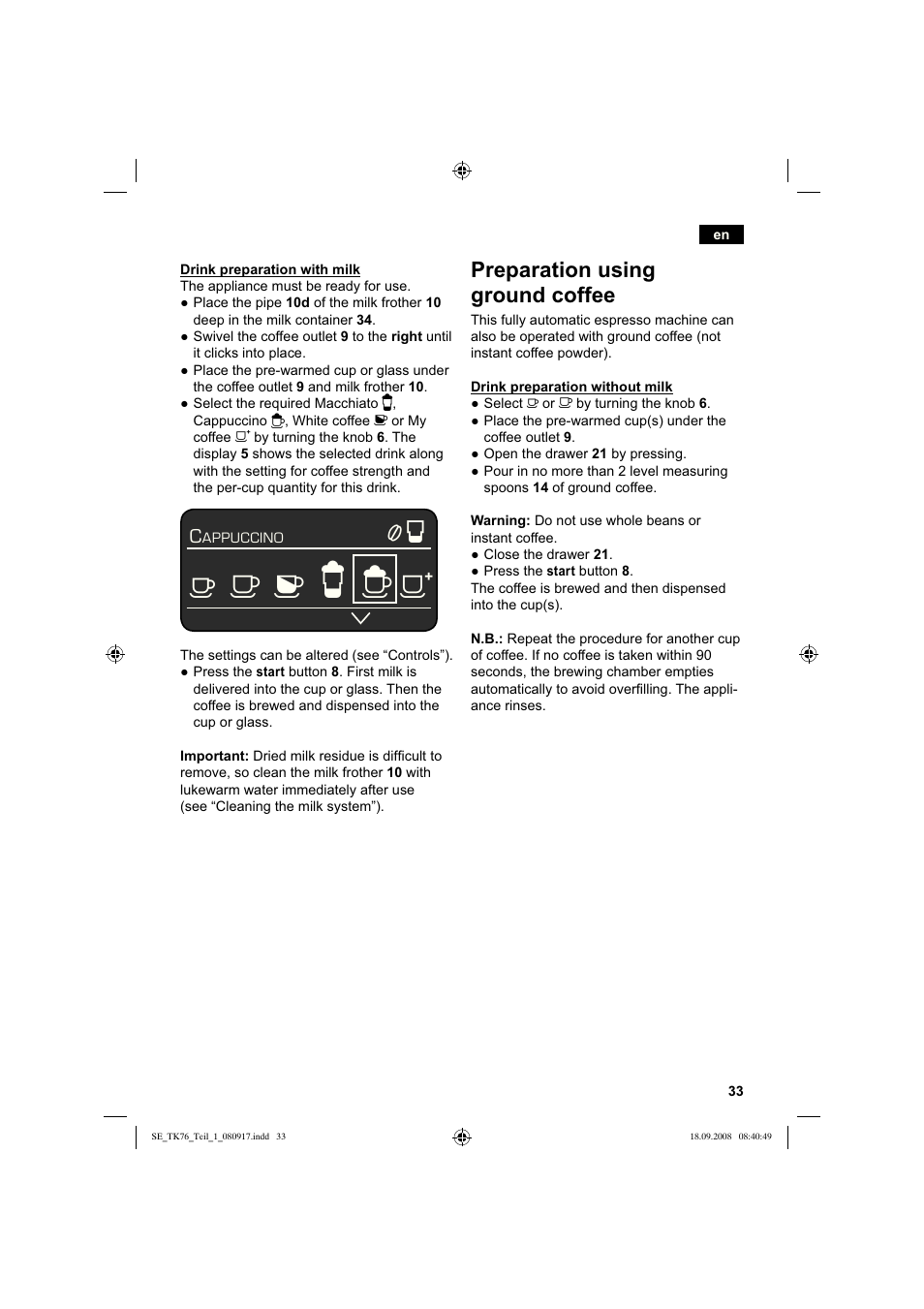 Preparation using ground coffee | Siemens TK76009 User Manual | Page 37 / 136