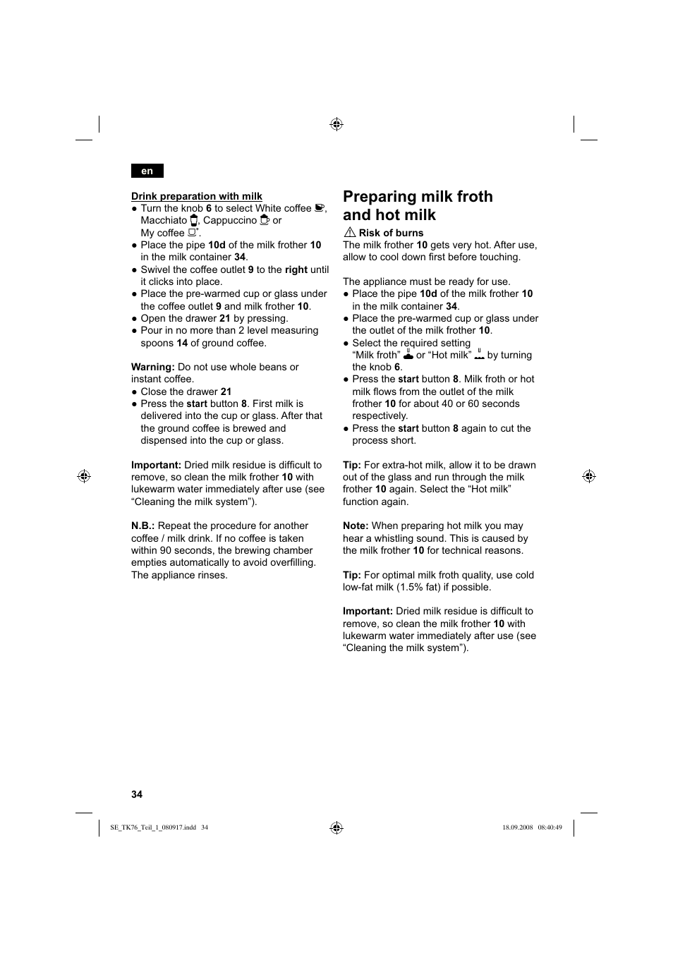 Preparing milk froth and hot milk | Siemens TK76009 User Manual | Page 38 / 136