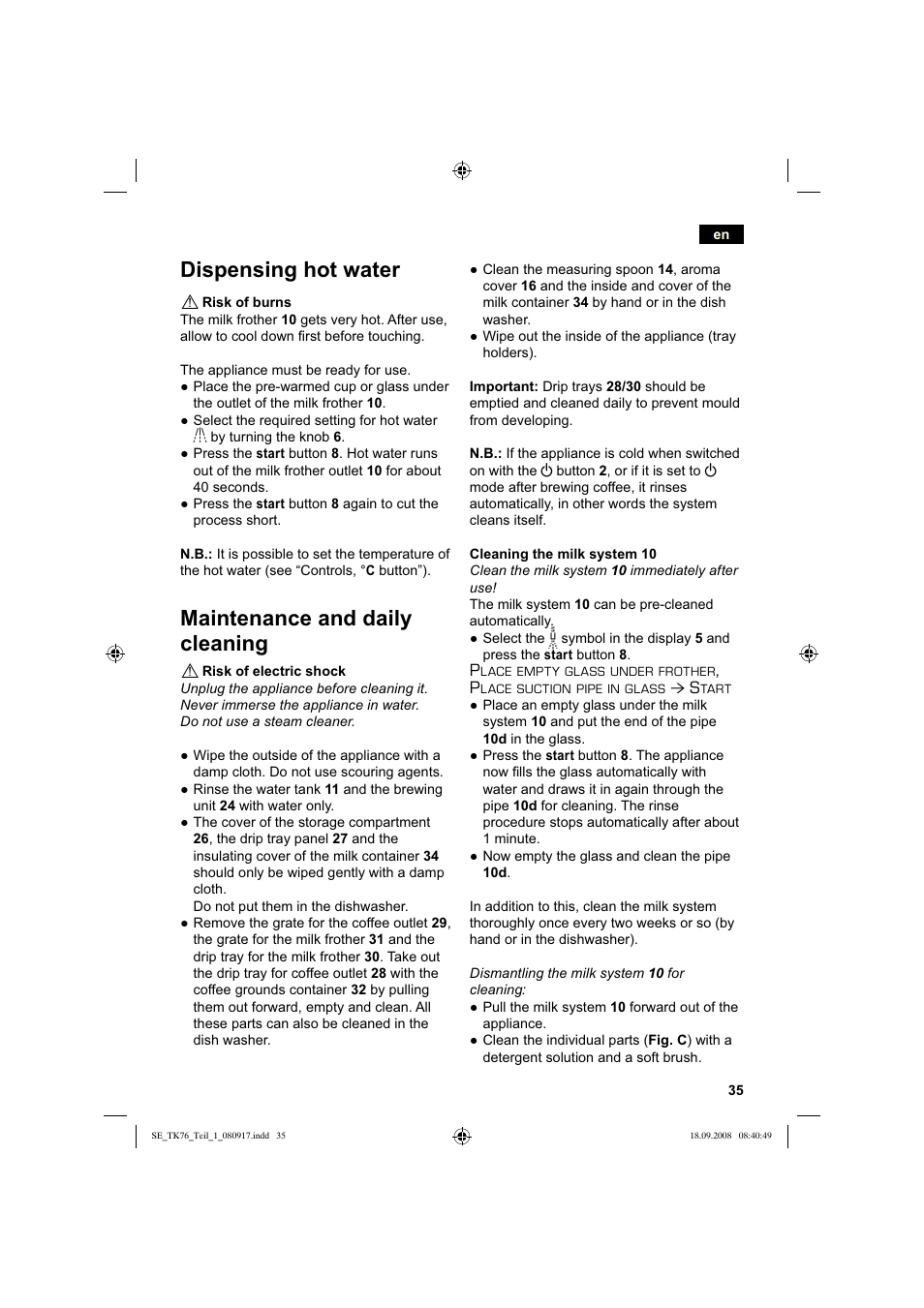 Dispensing hot water, Maintenance and daily cleaning | Siemens TK76009 User Manual | Page 39 / 136