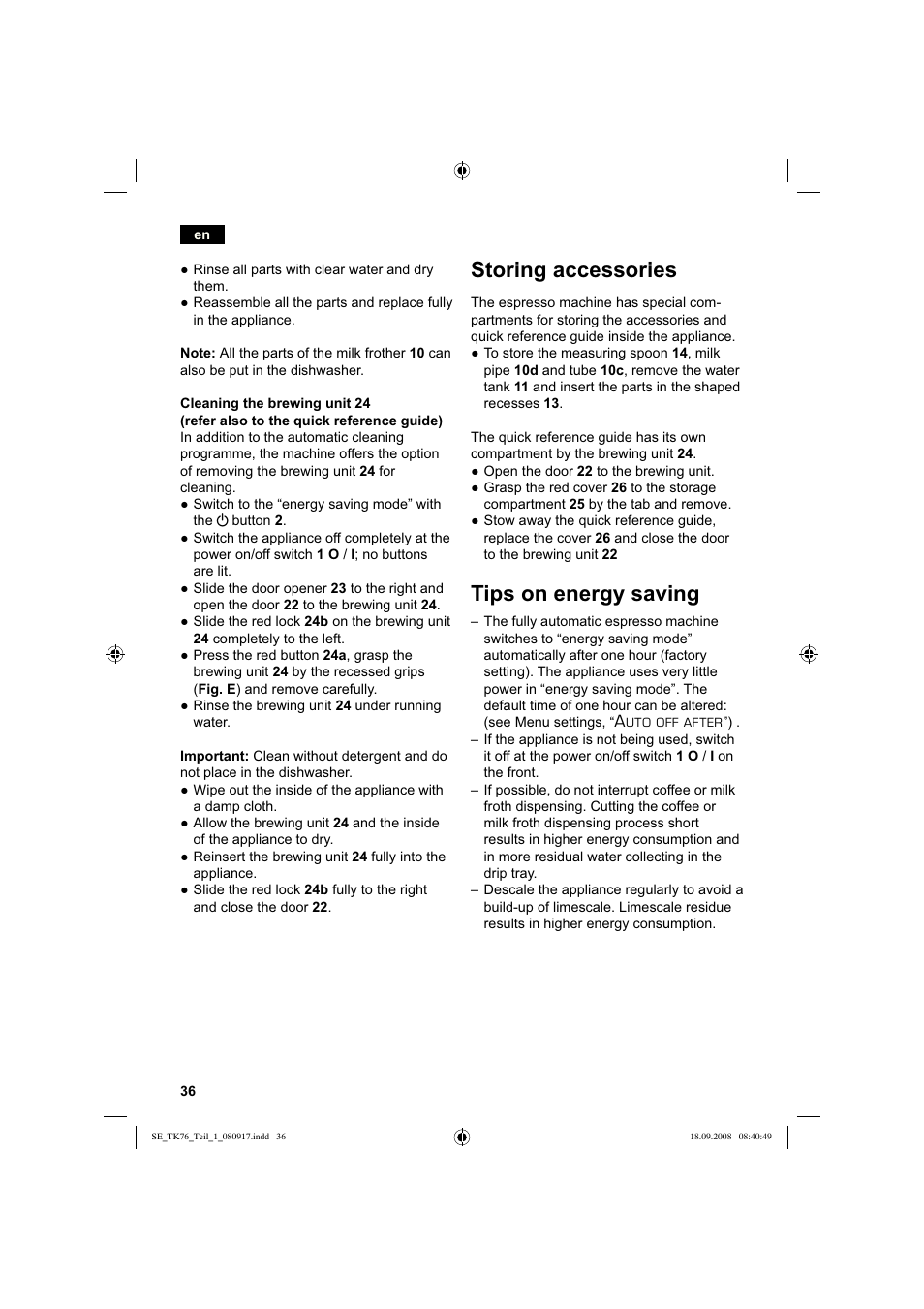 Storing accessories, Tips on energy saving | Siemens TK76009 User Manual | Page 40 / 136