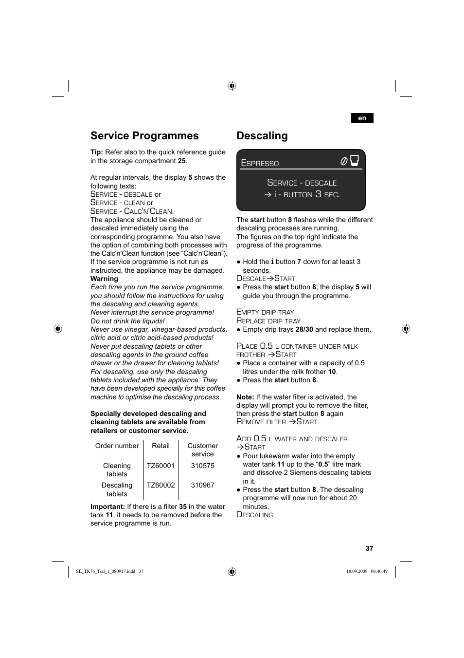 Service programmes, Descaling | Siemens TK76009 User Manual | Page 41 / 136