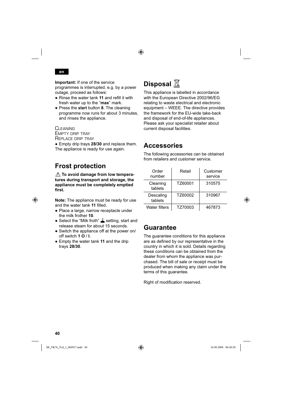 Frost protection, Disposal, Accessories | Guarantee | Siemens TK76009 User Manual | Page 44 / 136