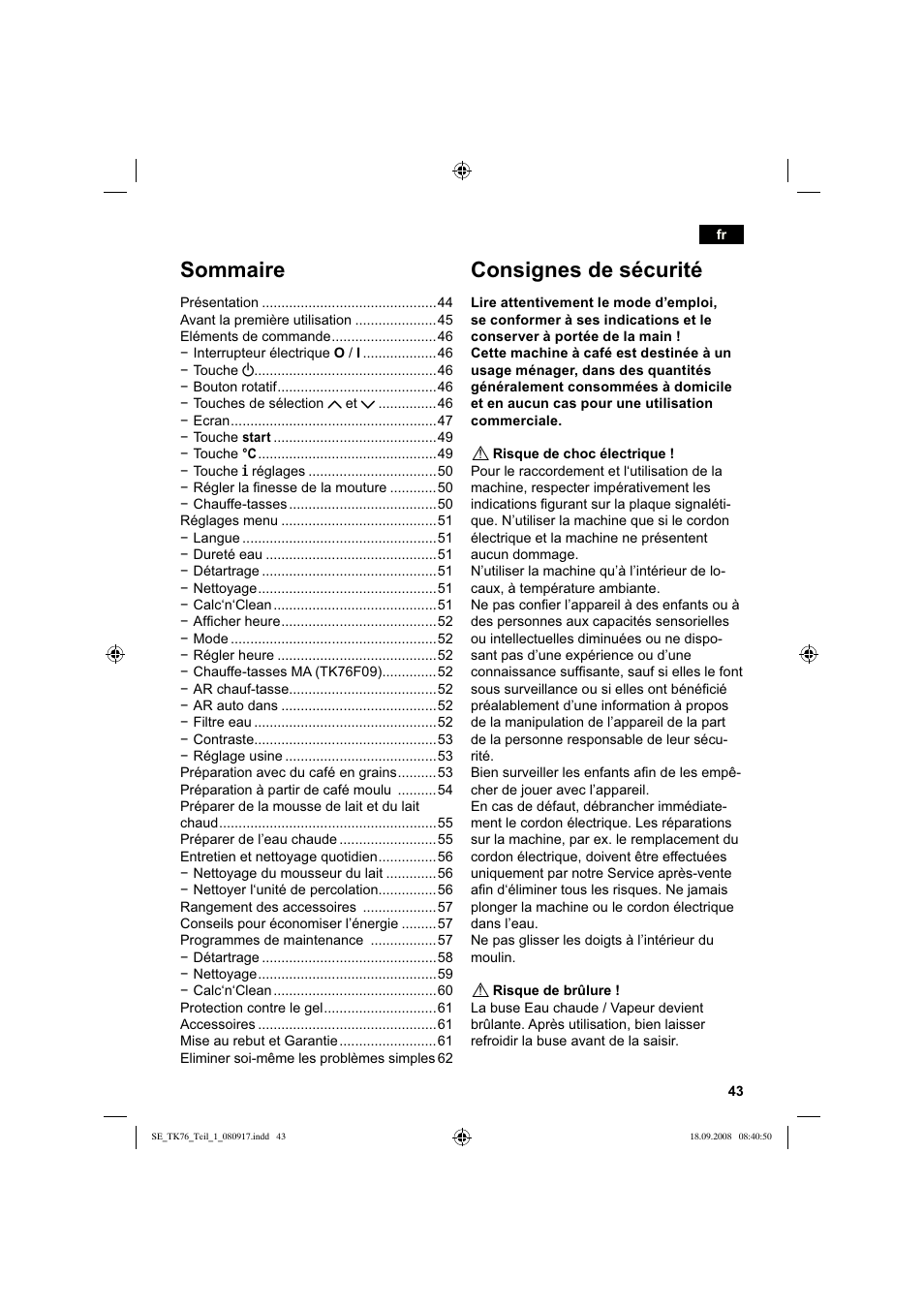 Consignes de sécurité, Sommaire | Siemens TK76009 User Manual | Page 47 / 136