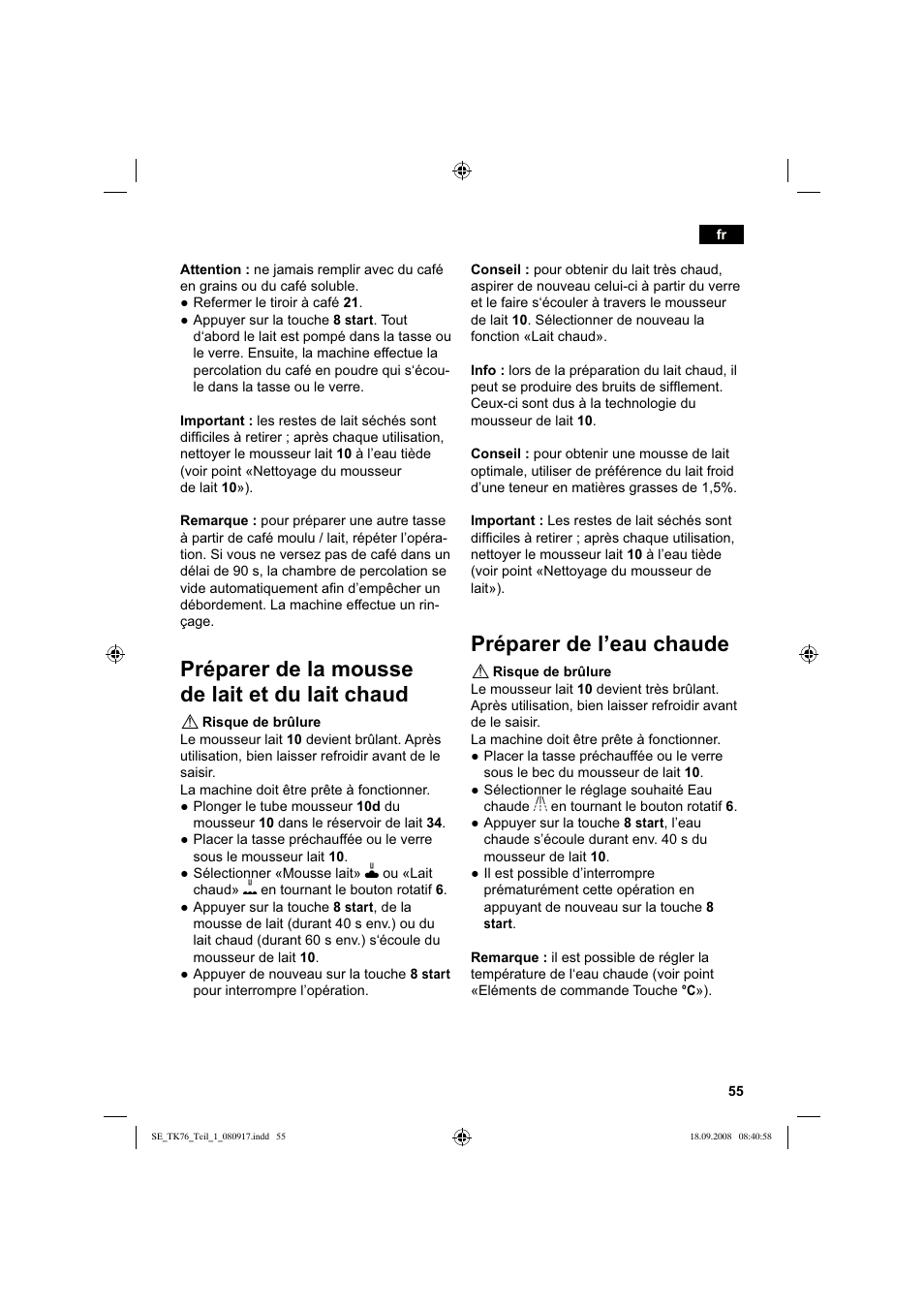 Préparer de la mousse de lait et du lait chaud, Préparer de l’eau chaude | Siemens TK76009 User Manual | Page 59 / 136