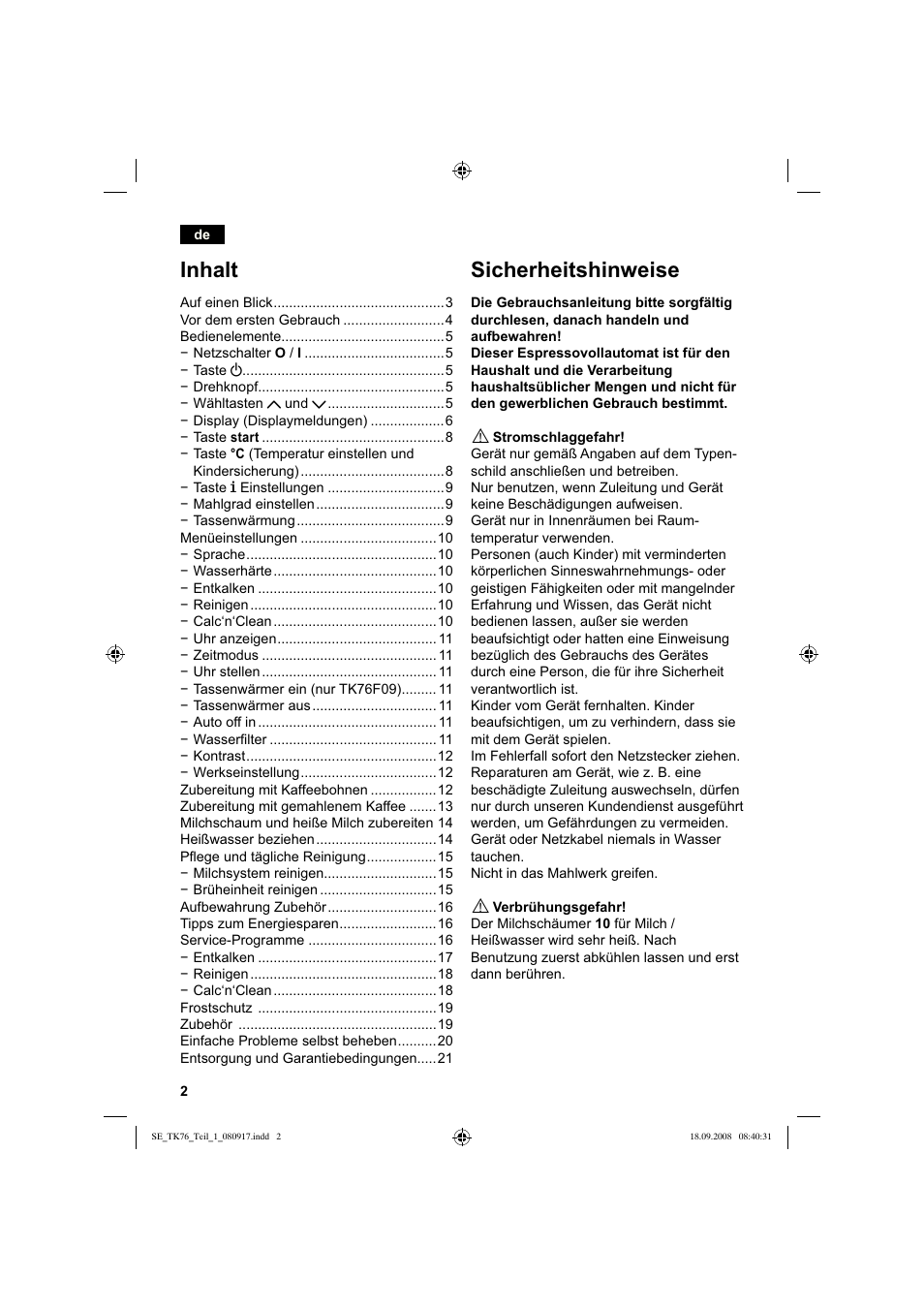 Sicherheitshinweise, Inhalt | Siemens TK76009 User Manual | Page 6 / 136