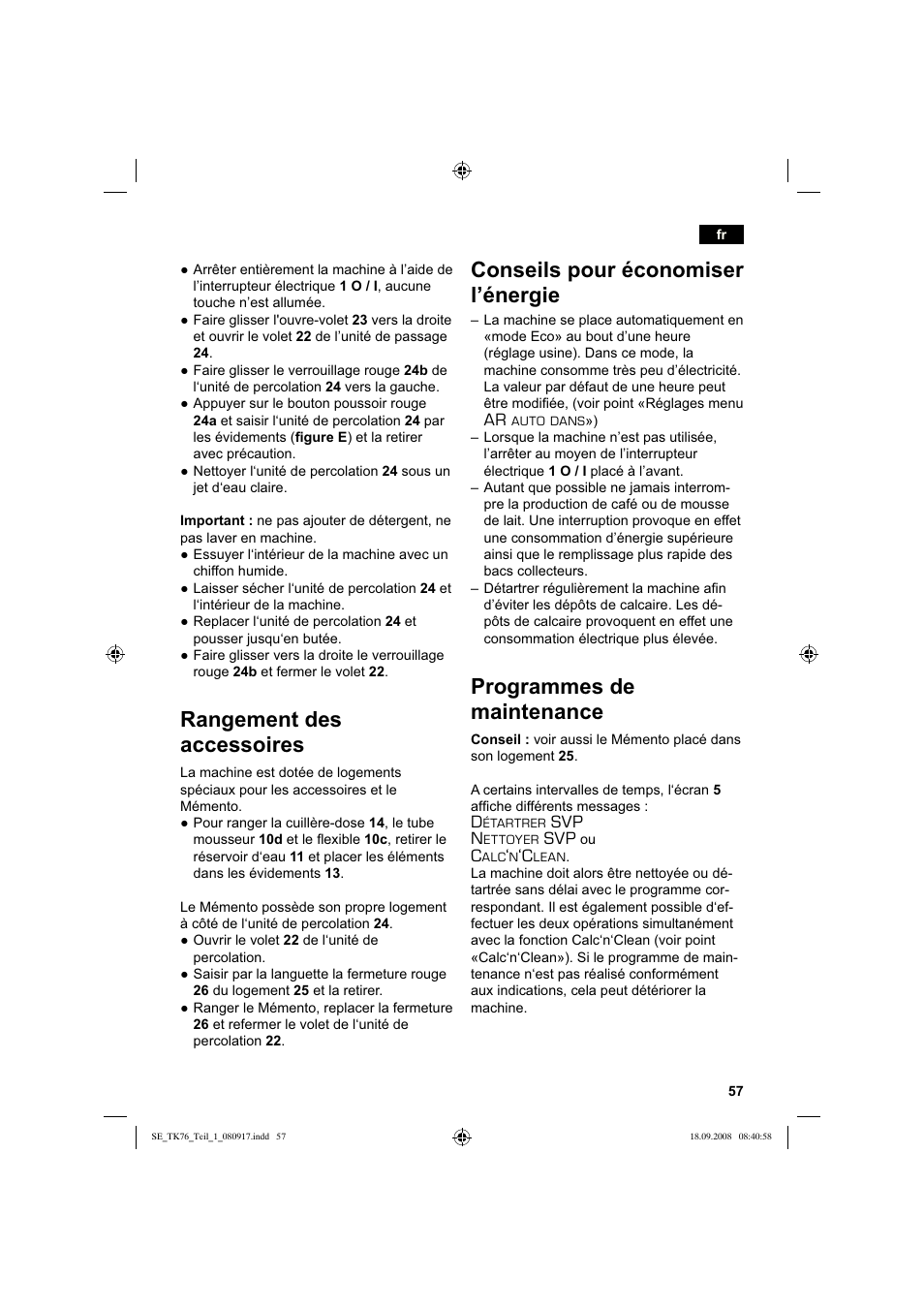 Rangement des accessoires, Conseils pour économiser l’énergie, Programmes de maintenance | Siemens TK76009 User Manual | Page 61 / 136