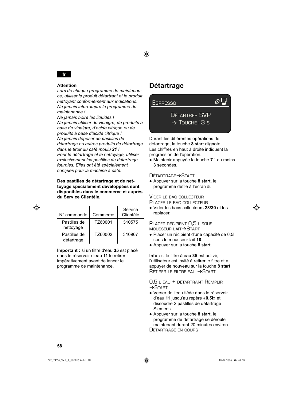 Détartrage, Svp t | Siemens TK76009 User Manual | Page 62 / 136