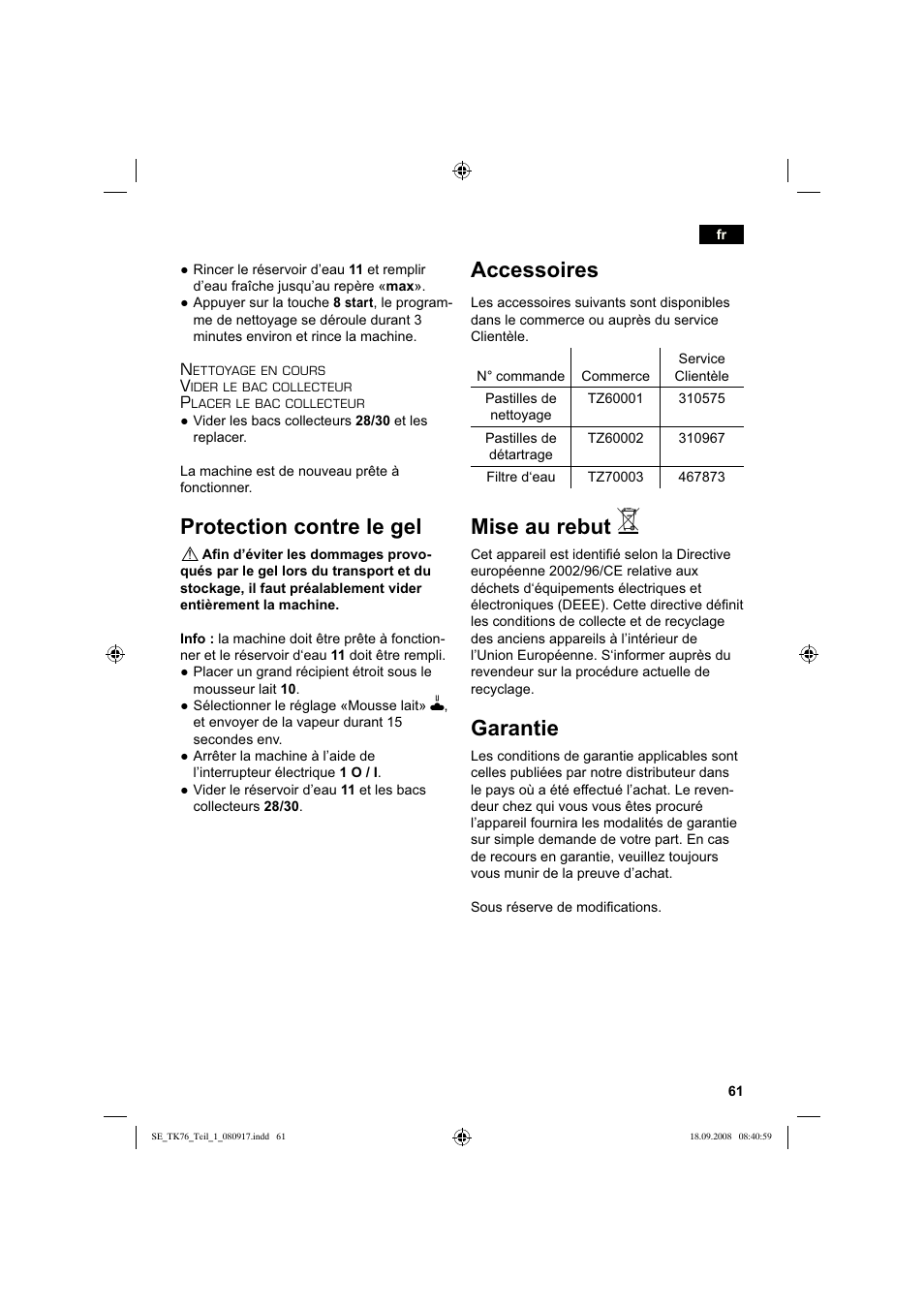 Protection contre le gel, Accessoires, Mise au rebut | Garantie | Siemens TK76009 User Manual | Page 65 / 136