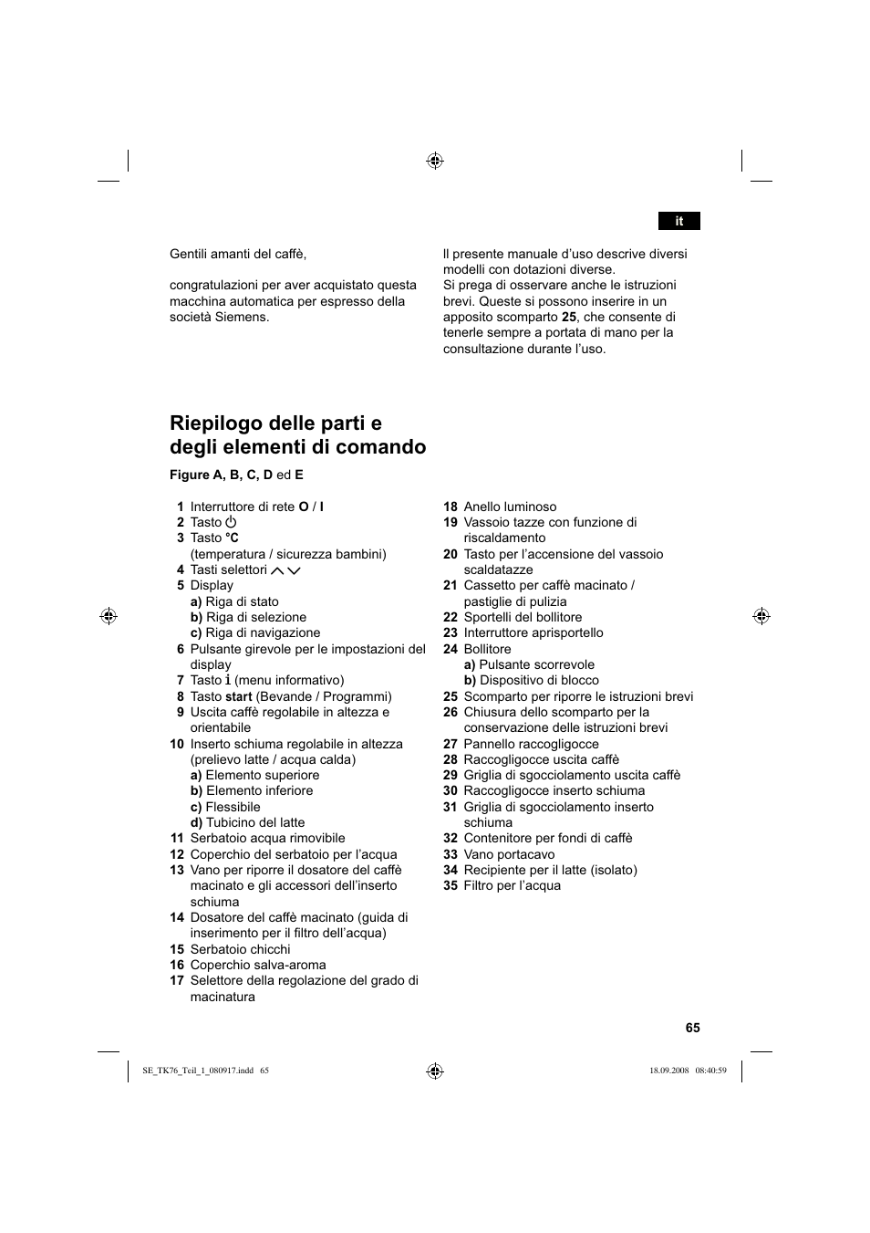 Riepilogo delle parti e degli elementi di comando | Siemens TK76009 User Manual | Page 69 / 136