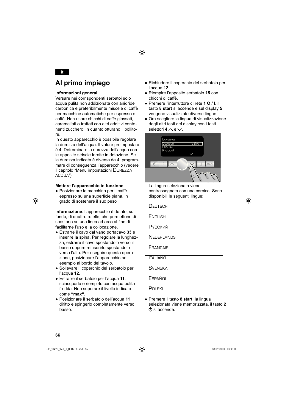 Al primo impiego | Siemens TK76009 User Manual | Page 70 / 136