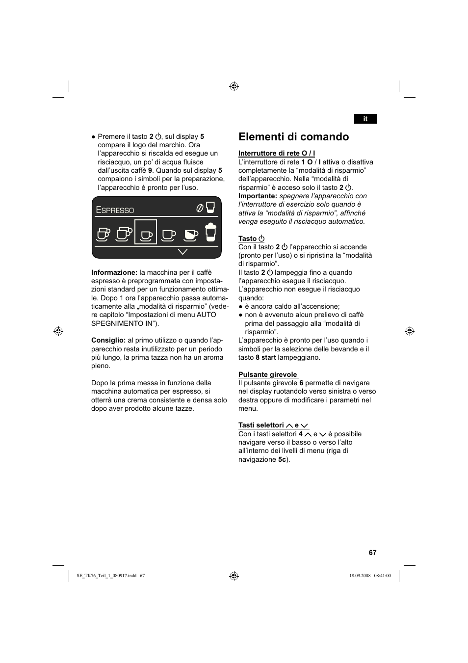 Elementi di comando | Siemens TK76009 User Manual | Page 71 / 136