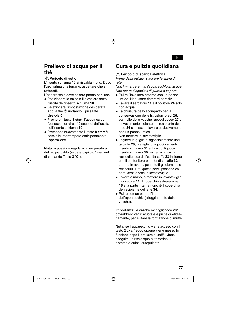 Prelievo di acqua per il thè, Cura e pulizia quotidiana | Siemens TK76009 User Manual | Page 81 / 136