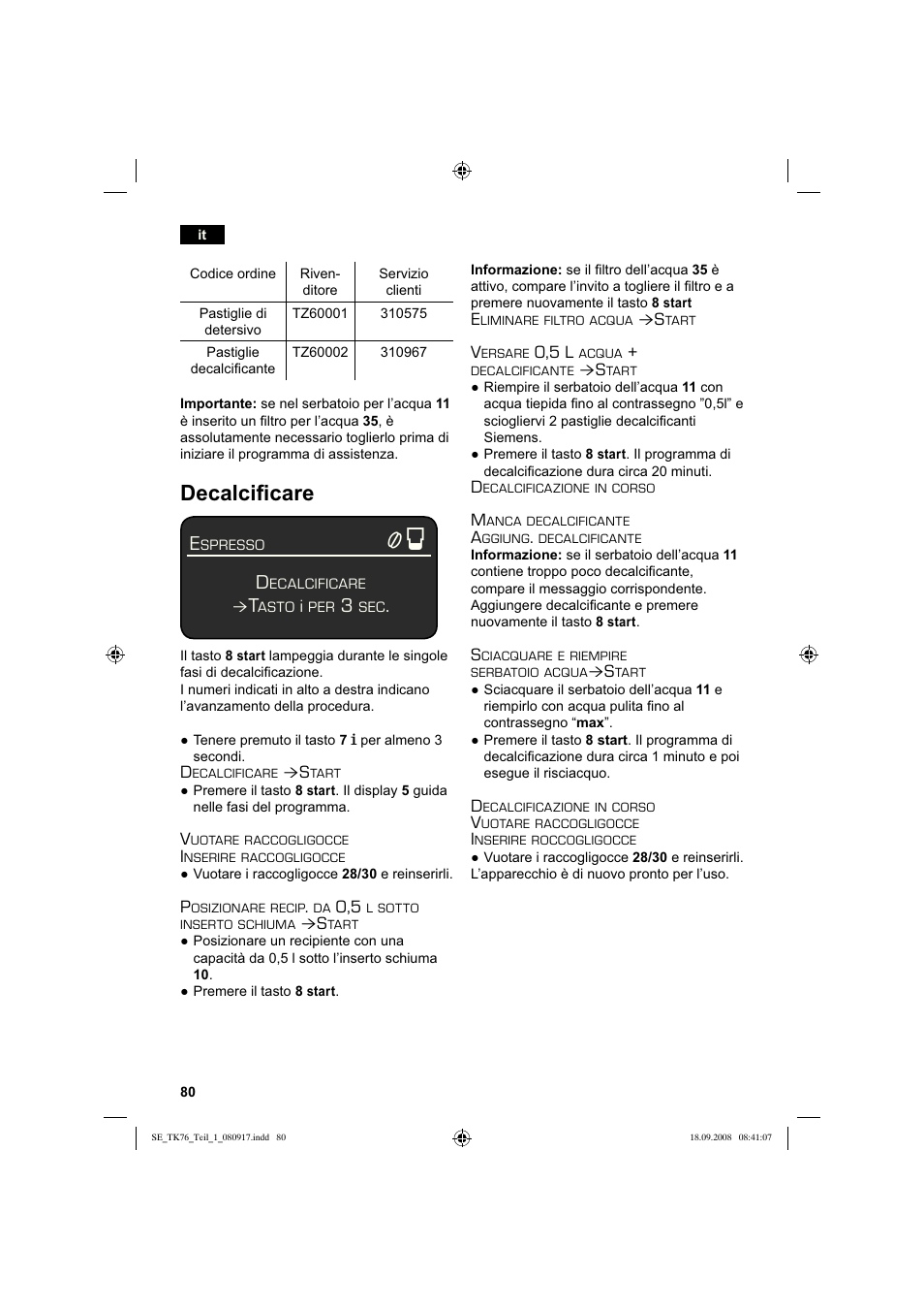 Decalcificare | Siemens TK76009 User Manual | Page 84 / 136