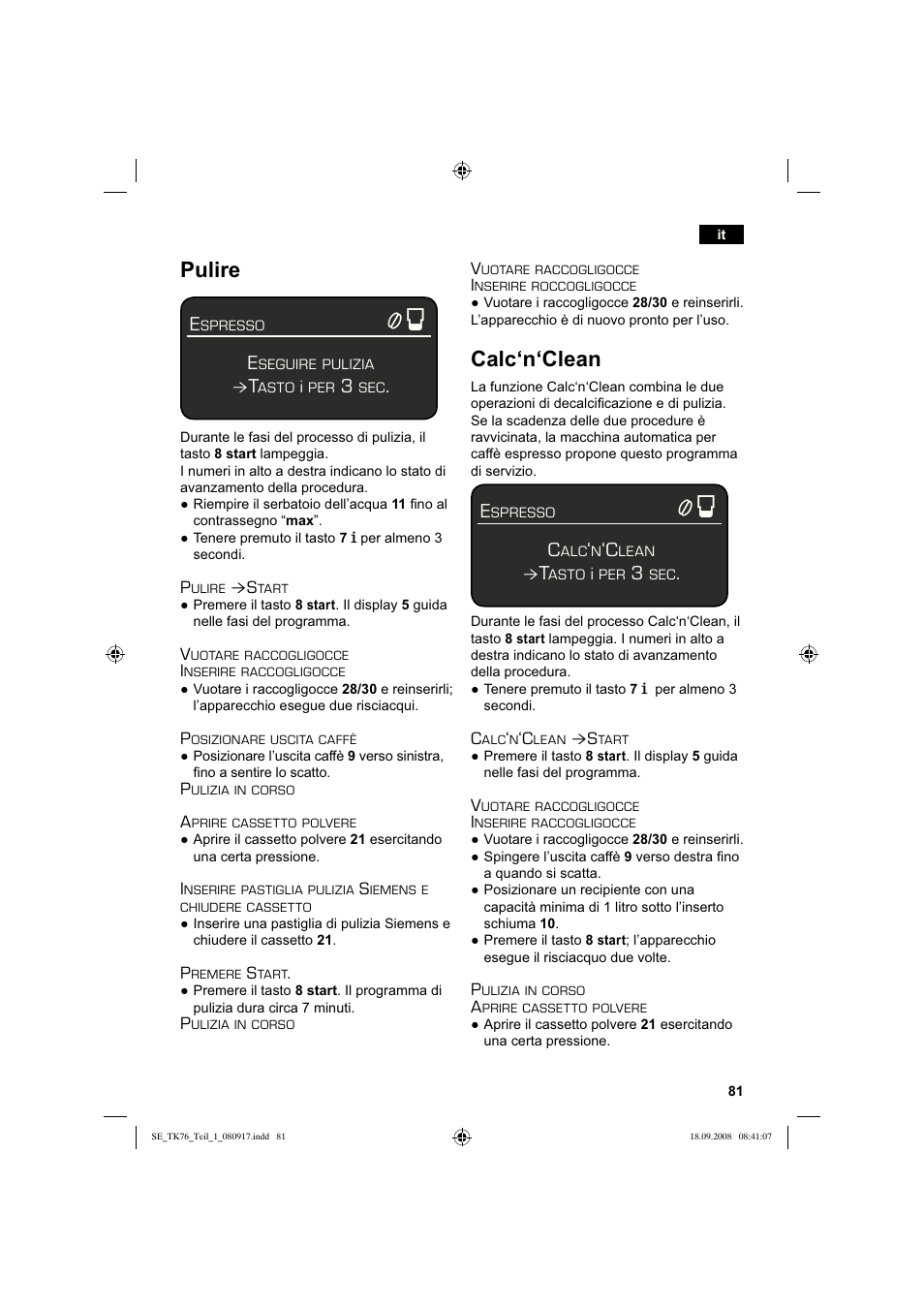 Pulire, Calc‘n‘clean | Siemens TK76009 User Manual | Page 85 / 136