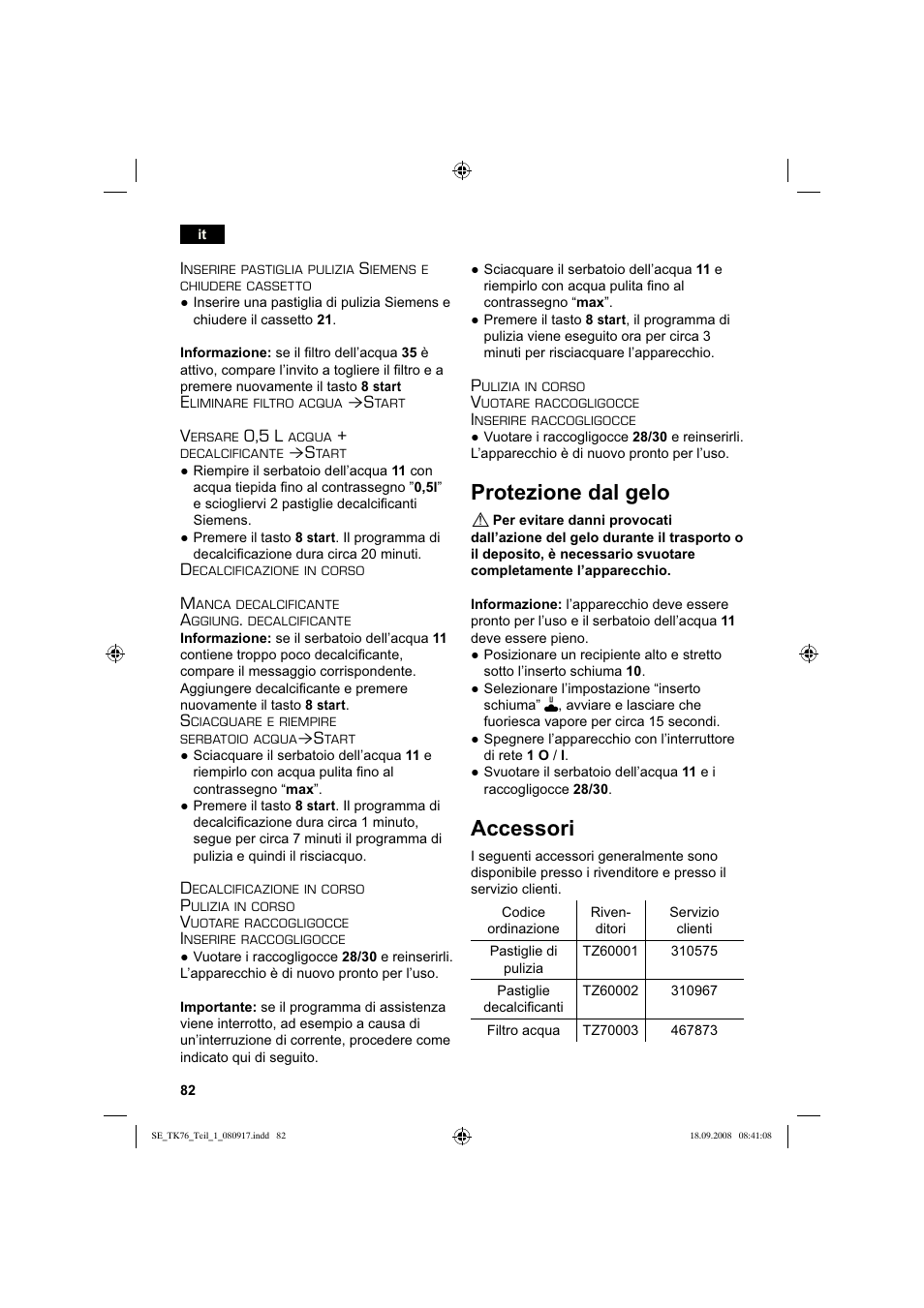 Protezione dal gelo, Accessori | Siemens TK76009 User Manual | Page 86 / 136