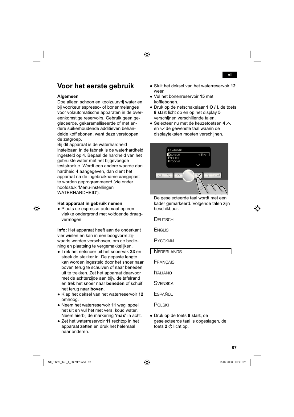 Voor het eerste gebruik | Siemens TK76009 User Manual | Page 91 / 136