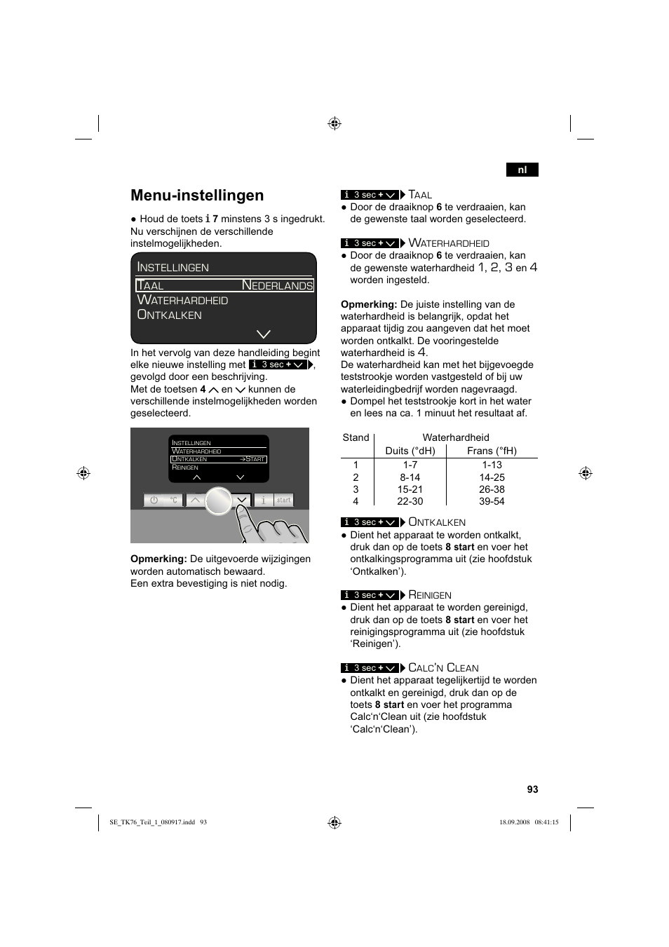 Menu-instellingen | Siemens TK76009 User Manual | Page 97 / 136